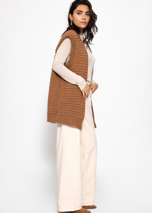 Long sleeveless knit vest with structured shoulders - camel