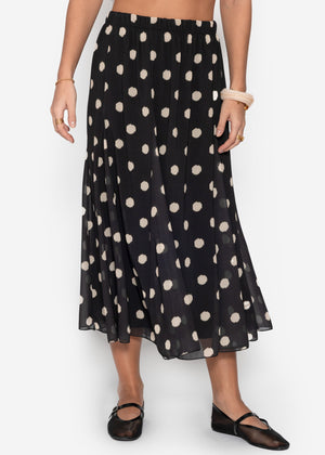 Long chiffon rock with polka dot print - black