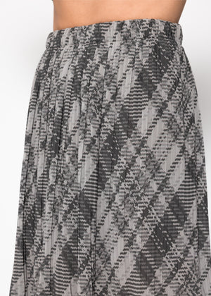 Long pleated chiffon skirt with checked print - gray
