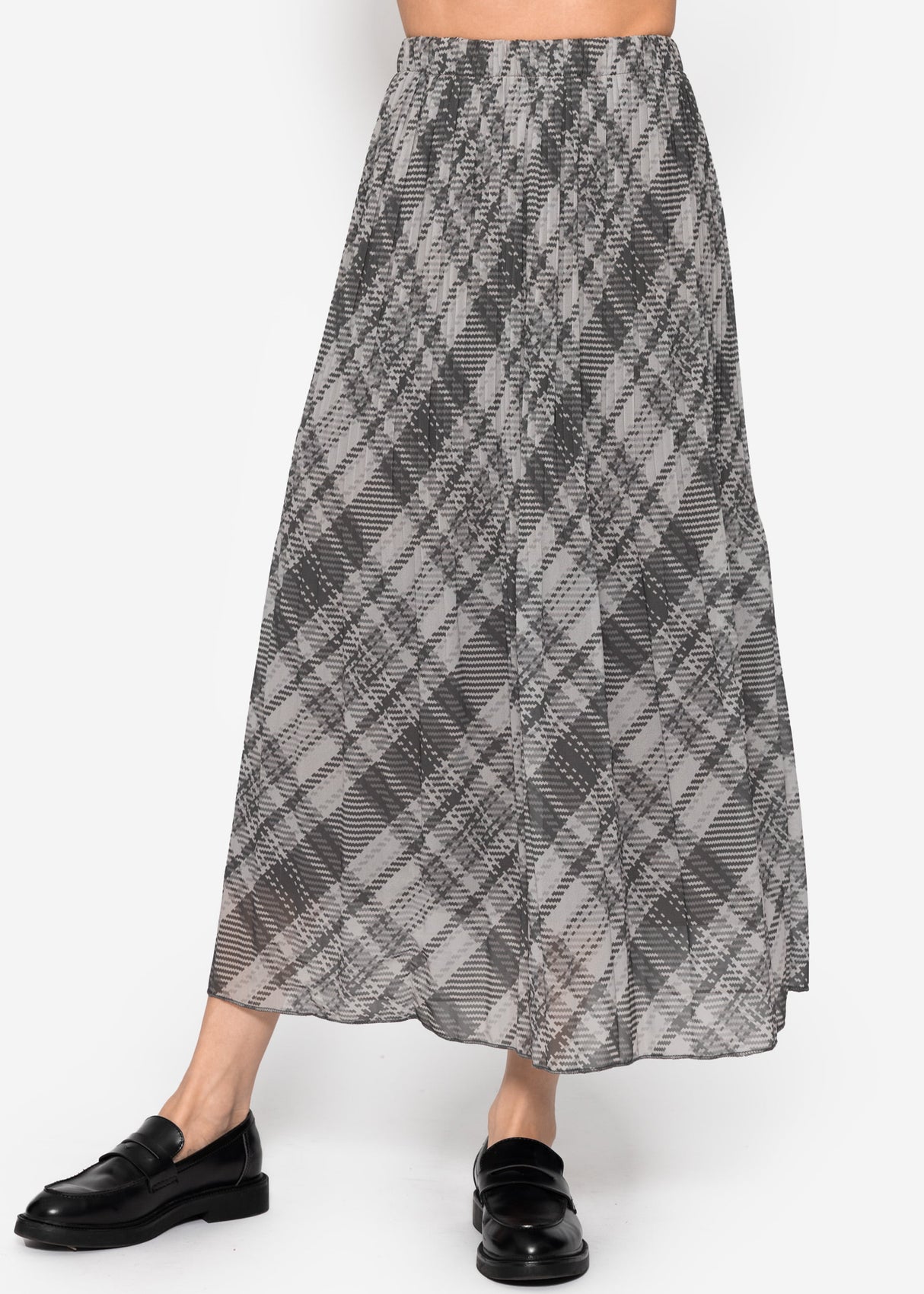 Long pleated chiffon skirt with checked print - gray