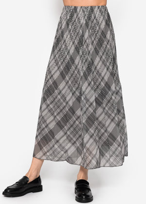 Long pleated chiffon skirt with checked print - gray