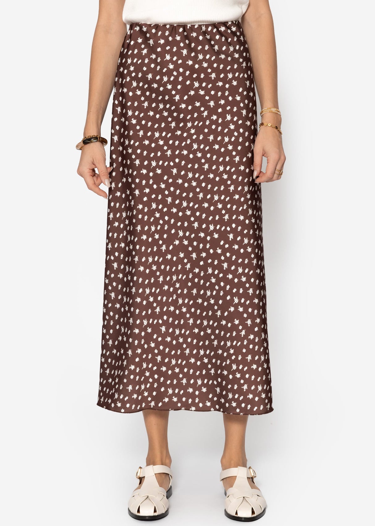 Long satin skirt with print - brown
