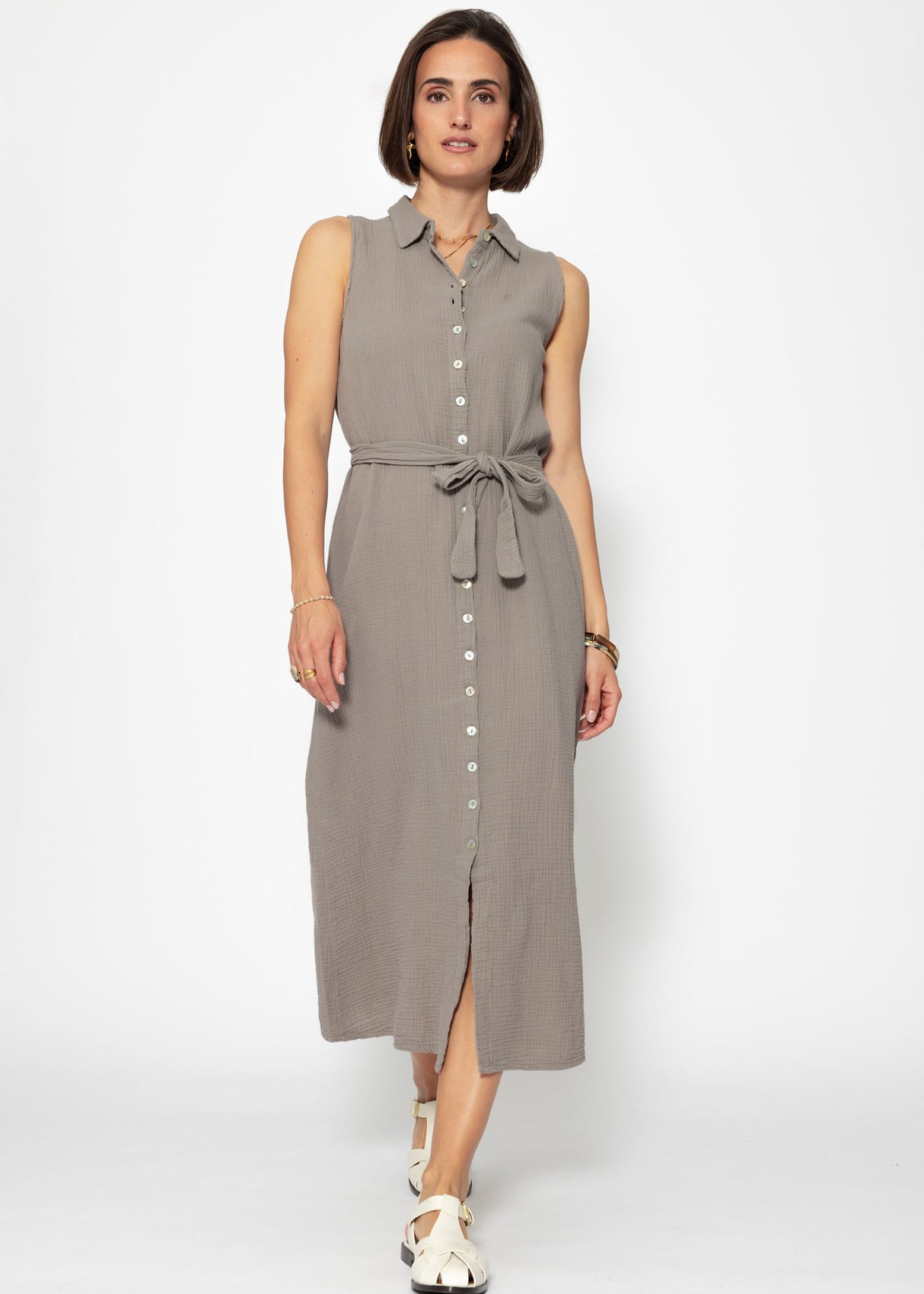 Langes ärmelloses Musselin Kleid - taupe