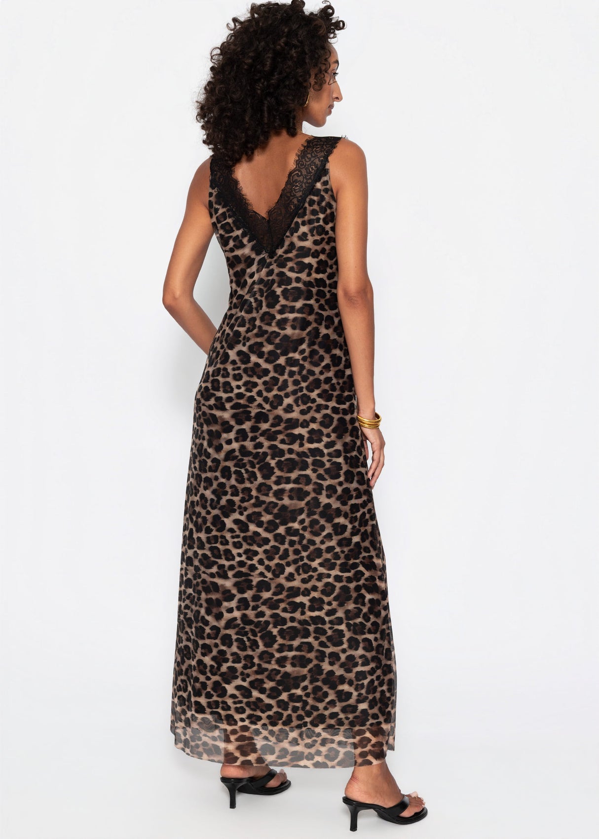Langes Mesh-Kleid mit Leo-Print - braun