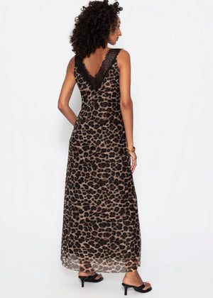 Langes Mesh-Kleid mit Leo-Print - braun