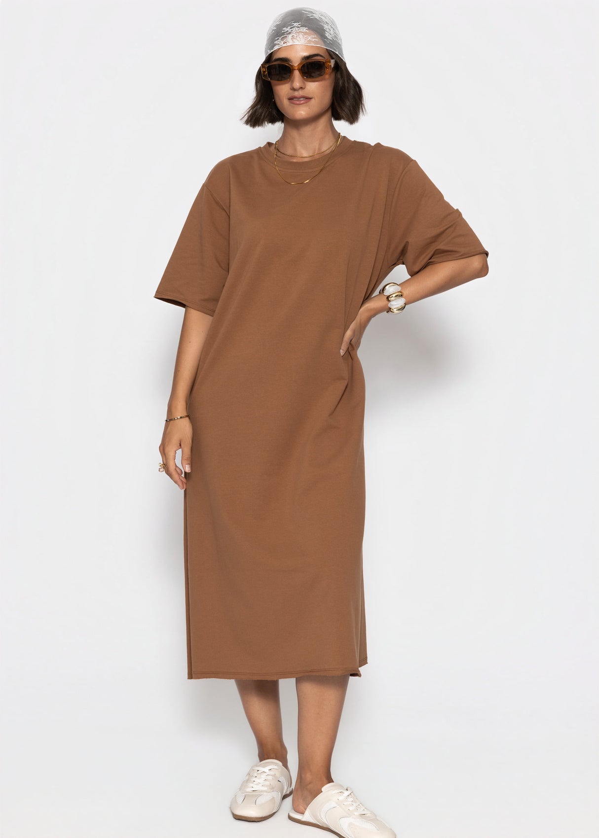 Langes Oversize T-Shirt Kleid - braun