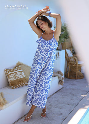 Langes Trägerkleid mit Muschel- und Korallen-Print - weiß-blau