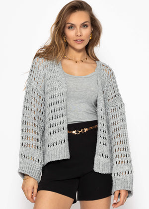 Casual cardigan with lace pattern - gray