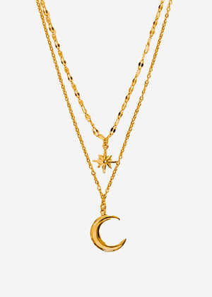 Layer Halskette mit Stern und Mond - gold