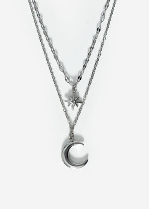Layer Halskette mit Stern und Mond - silber