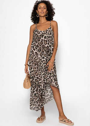 Slightly transparent musselin beach dress with leo -print - beige