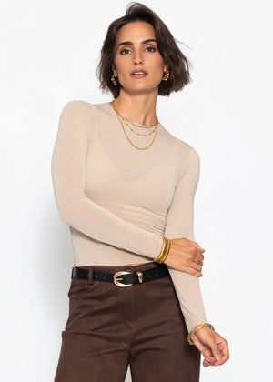 Slight sheer long-sleeved shirt with cashmere blend – beige