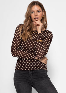 Leicht transparentes Langarmshirt mit Kaschmiranteil und Punkten - braun