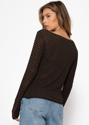 Lightweight, slightly transparent long-sleeved shirt with cashmere blend—brown-black