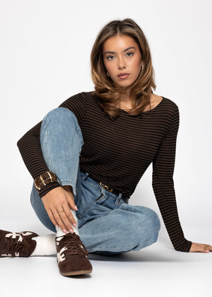 Lightweight, slightly transparent long-sleeved shirt with cashmere blend—brown-black