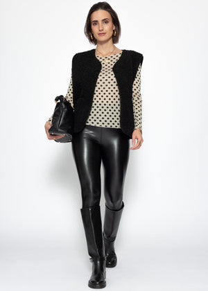 Leicht transparentes Langarmshirt mit Kaschmiranteil und Punkten - beige-schwarz