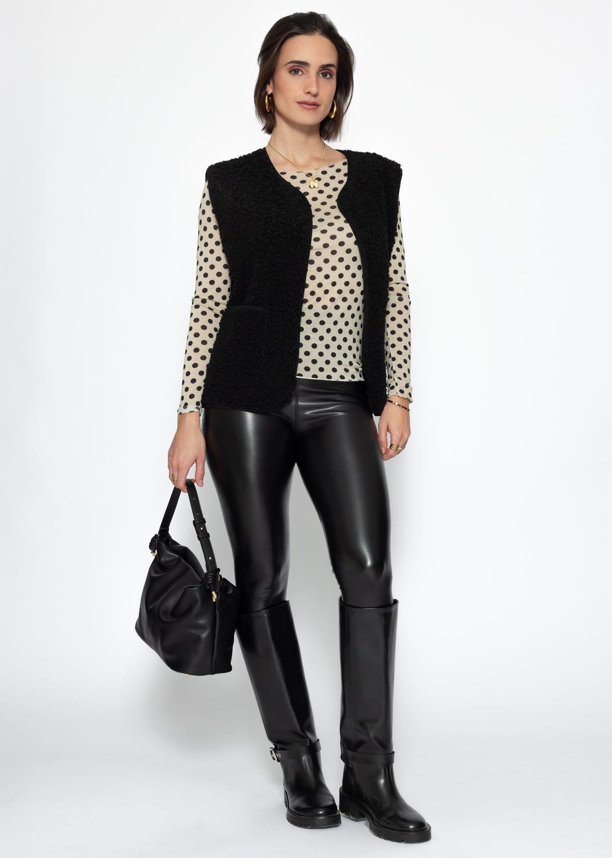 Leicht transparentes Langarmshirt mit Kaschmiranteil und Punkten - beige-schwarz