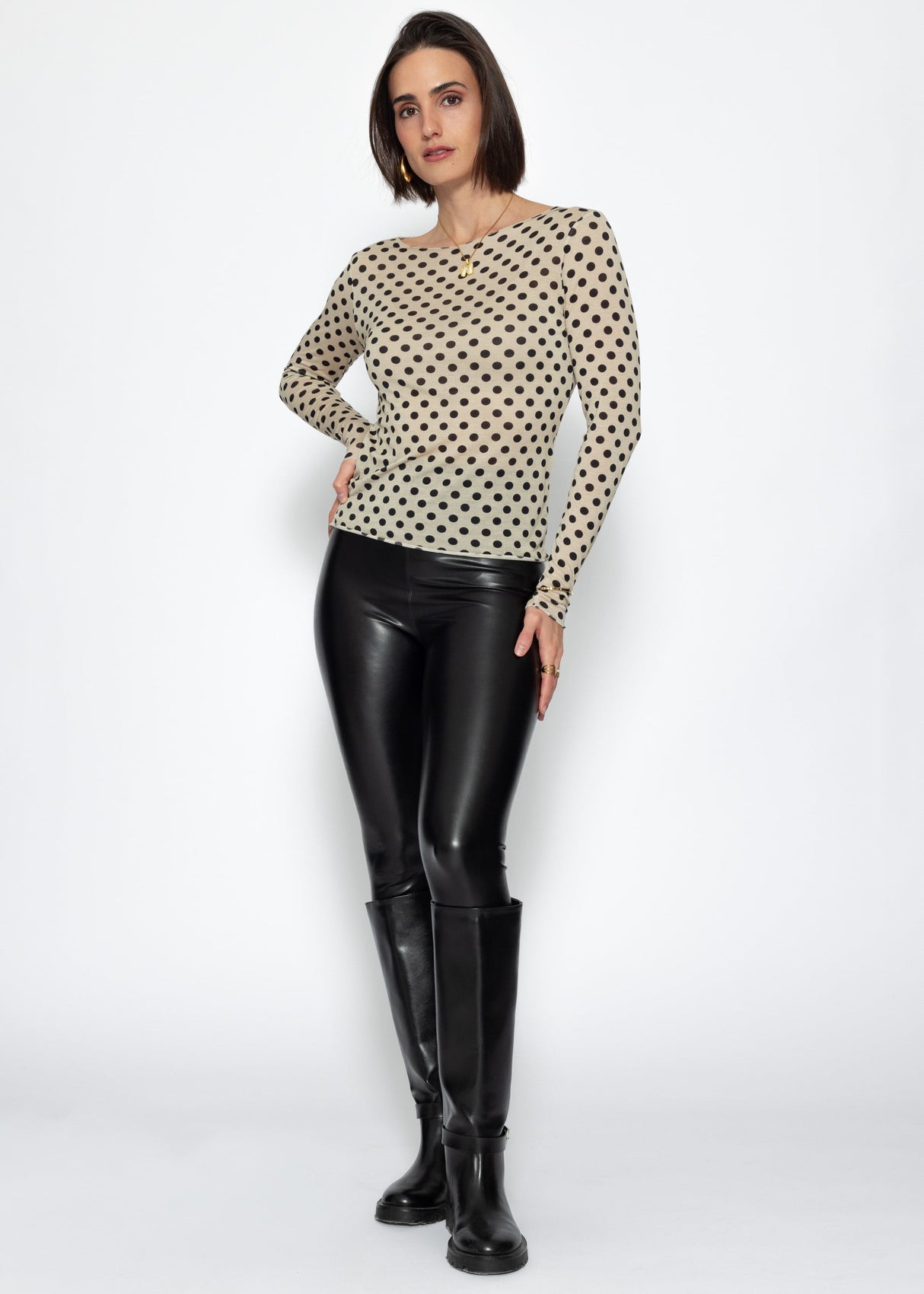 Leicht transparentes Langarmshirt mit Kaschmiranteil und Punkten - beige-schwarz