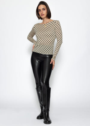 Leicht transparentes Langarmshirt mit Kaschmiranteil und Punkten - beige-schwarz