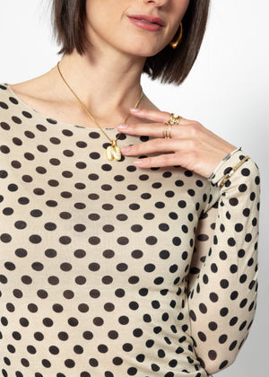 Leicht transparentes Langarmshirt mit Kaschmiranteil und Punkten - beige-schwarz