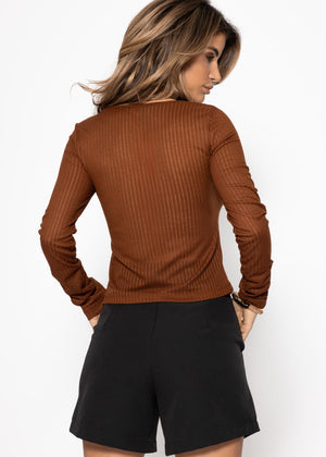Slightly transparent long-sleeved shirt with ribbed texture - brown