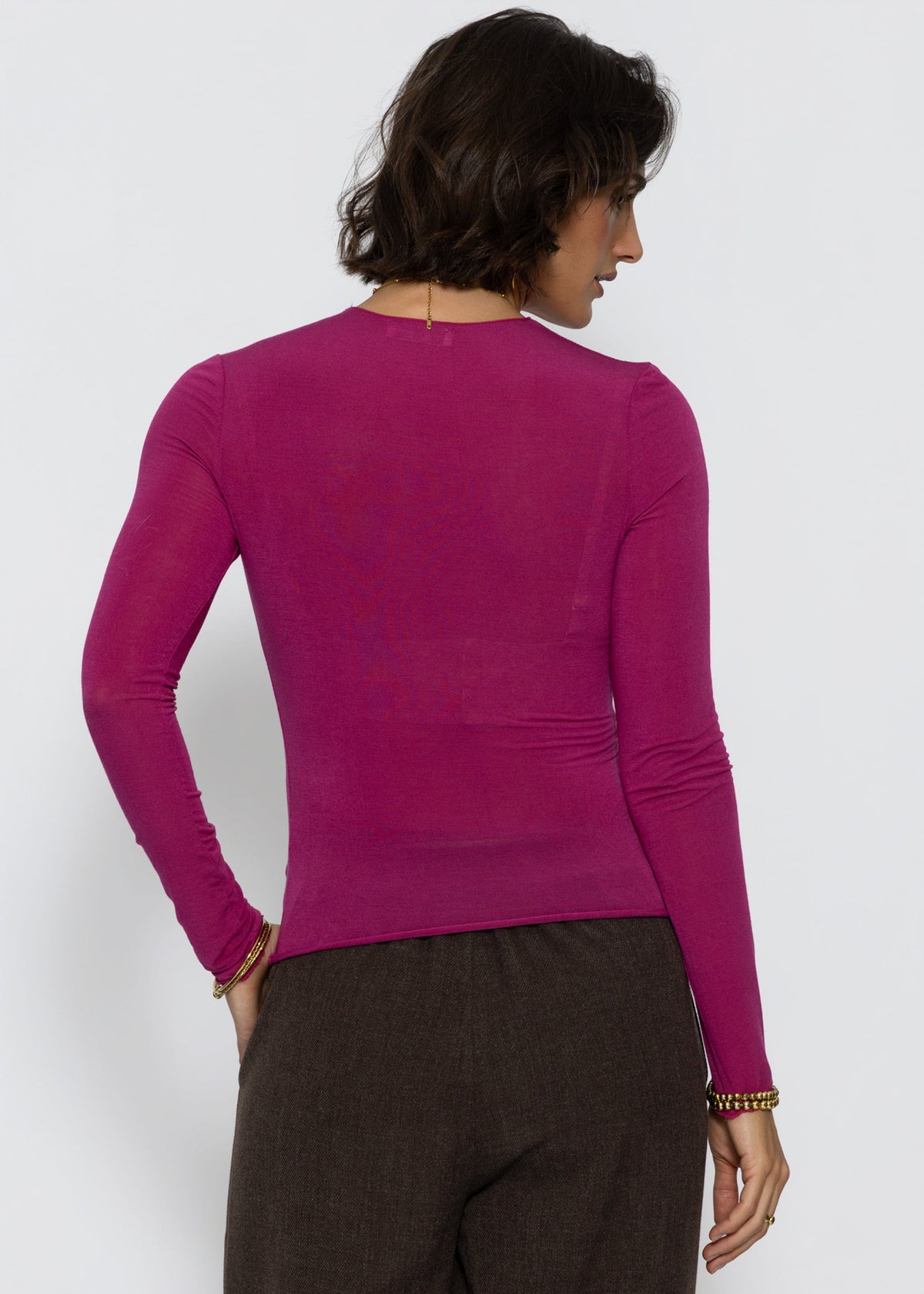 Leicht transparentes Langarmshirt mit Rundhals - pink