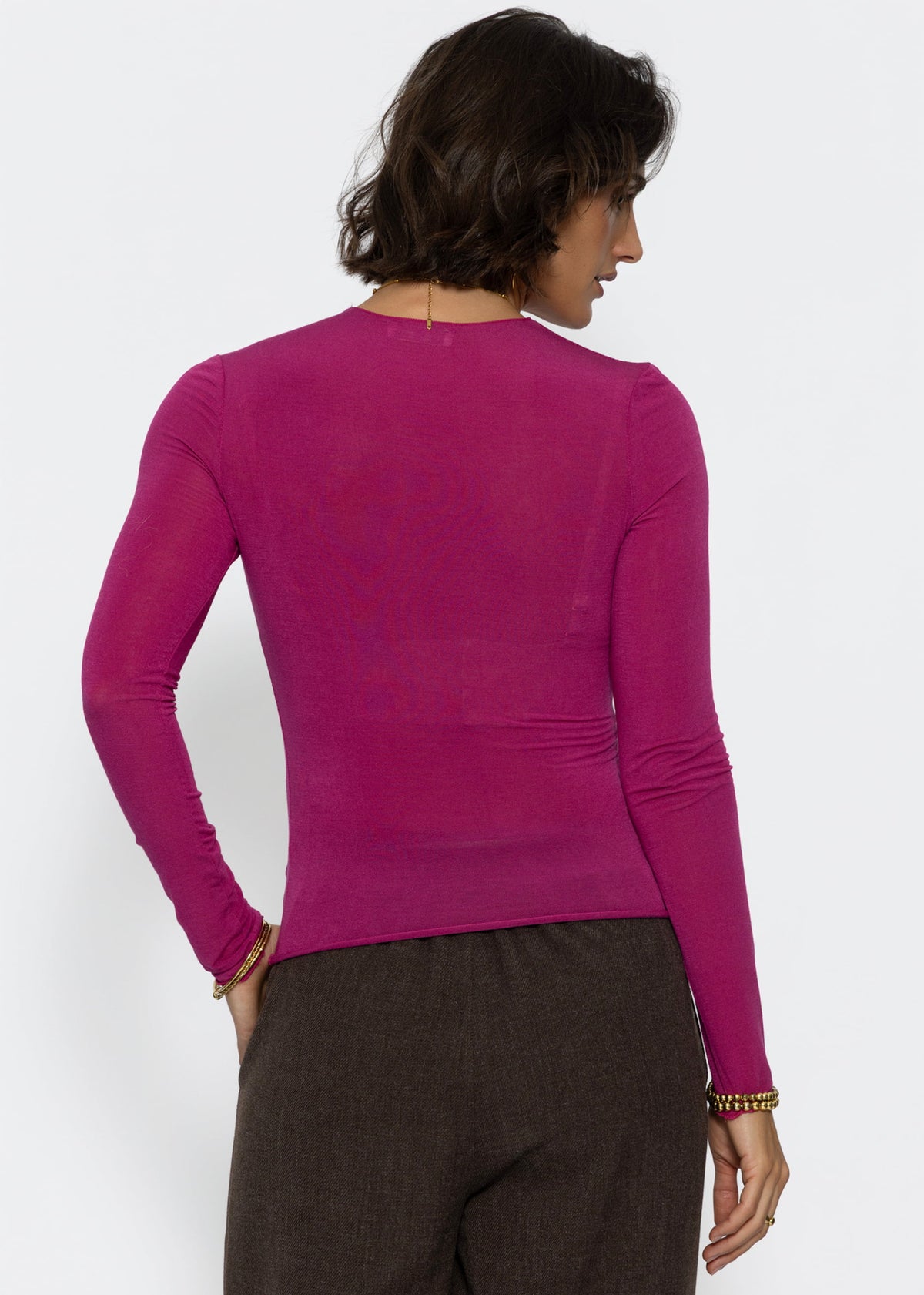 Leicht transparentes Langarmshirt mit Rundhals - pink