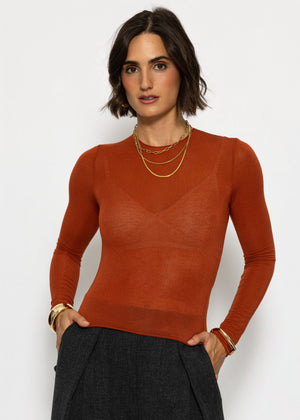Leicht transparentes Langarmshirt mit Rundhals - rostrot