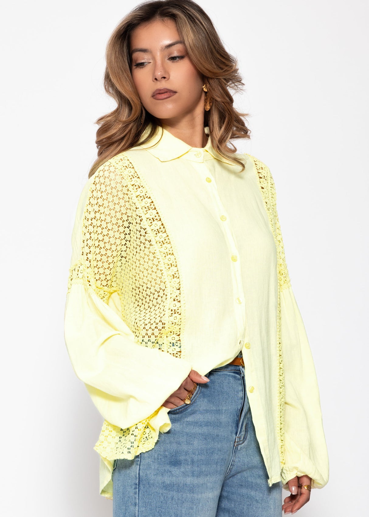 Linen blouse with lace - butter yellow