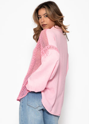 Leinen Bluse mit Spitze - rosa