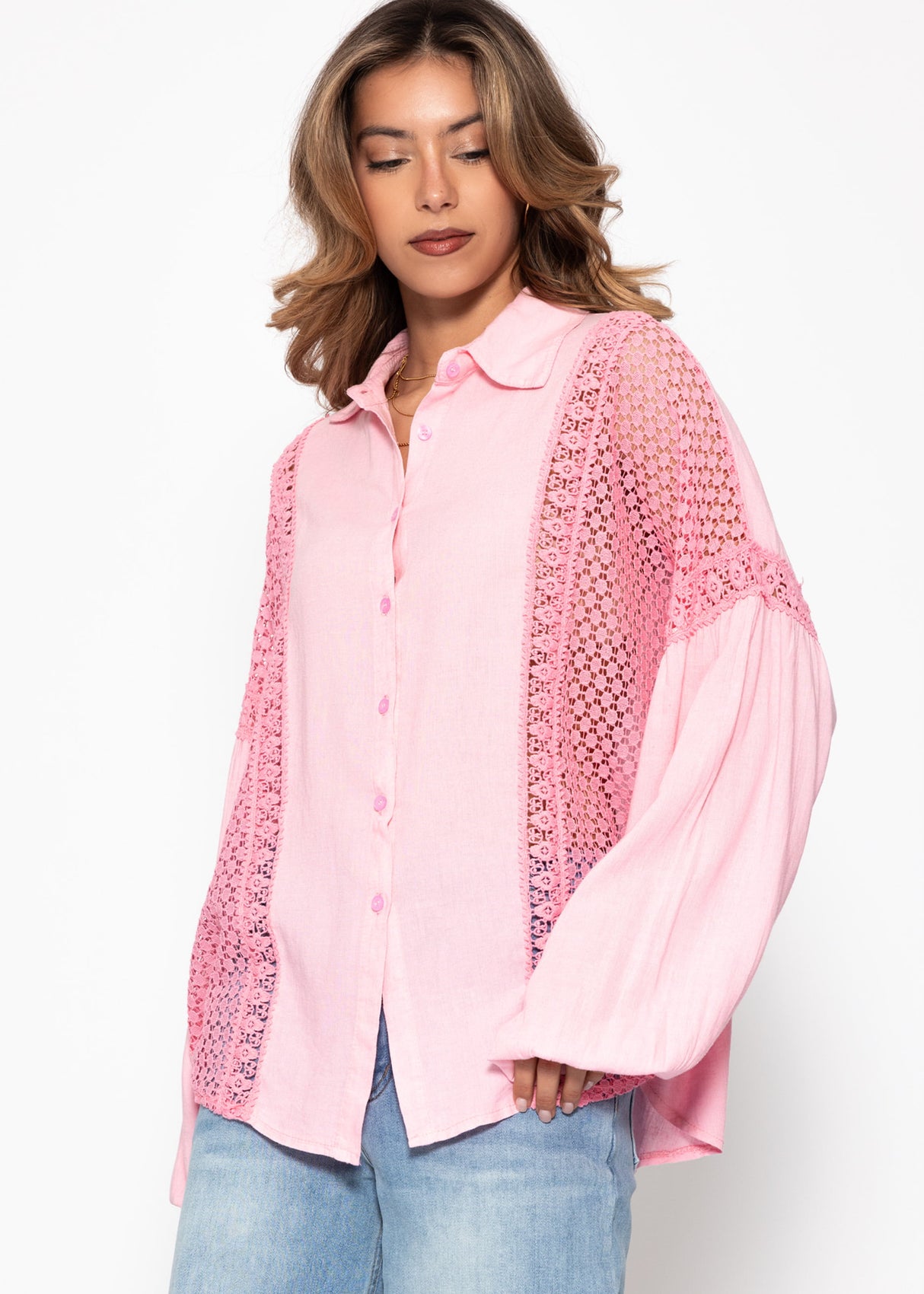 Leinen Bluse mit Spitze - rosa