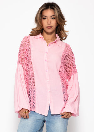 Leinen Bluse mit Spitze - rosa