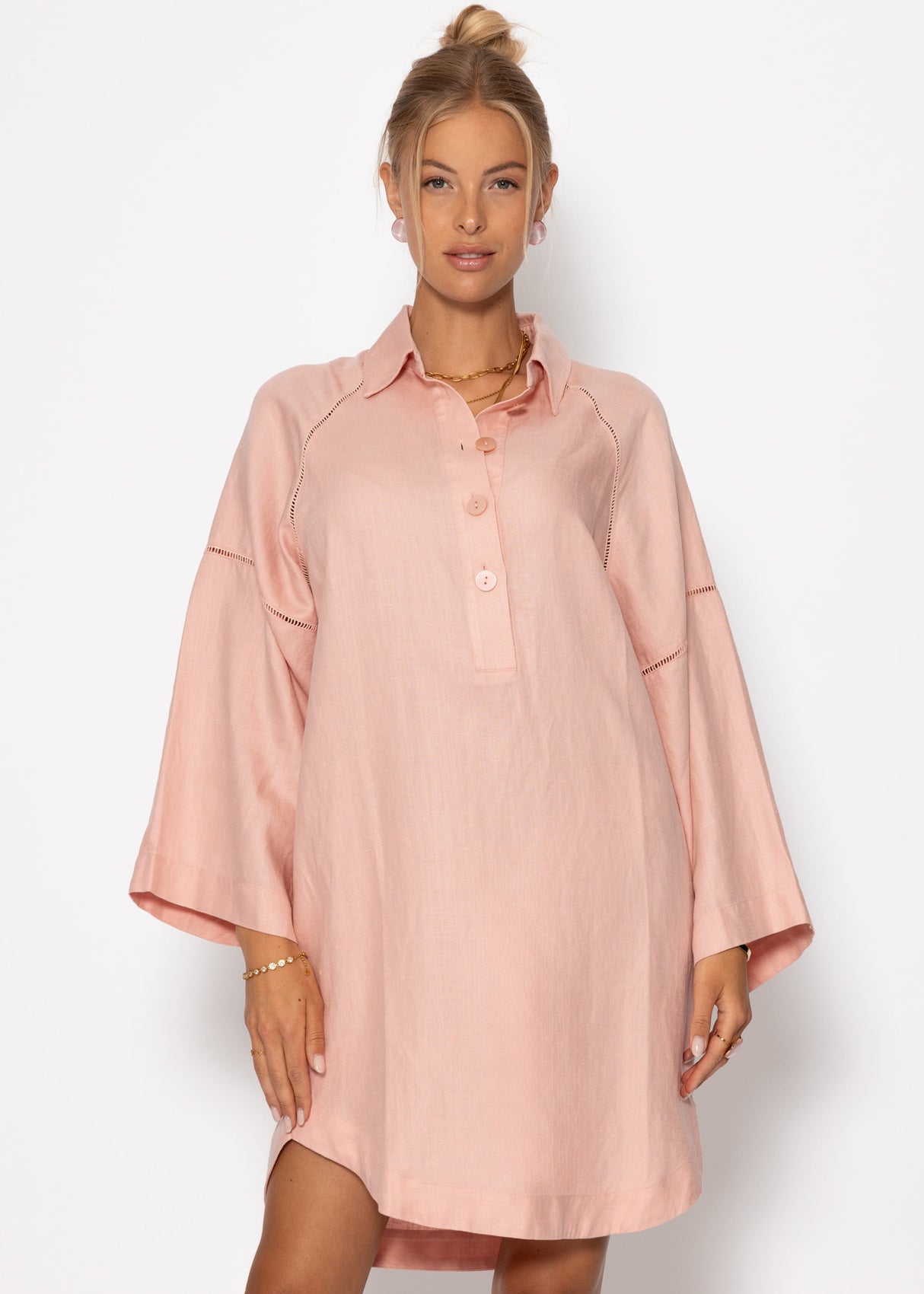 Linen dress with button placket - pink