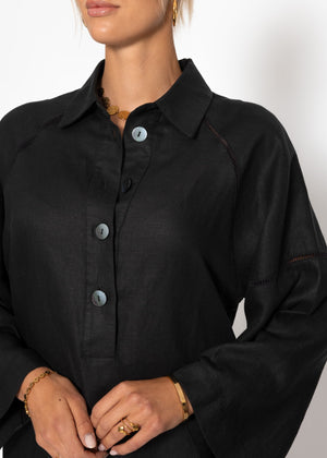 Leinen Kleid mit Knopfleiste - schwarz