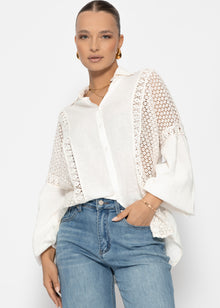 Linen blouse with lace - off-white