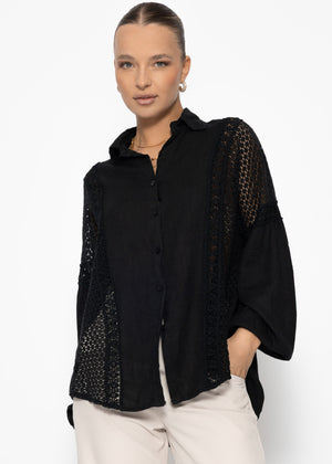 Linen blouse with lace - black