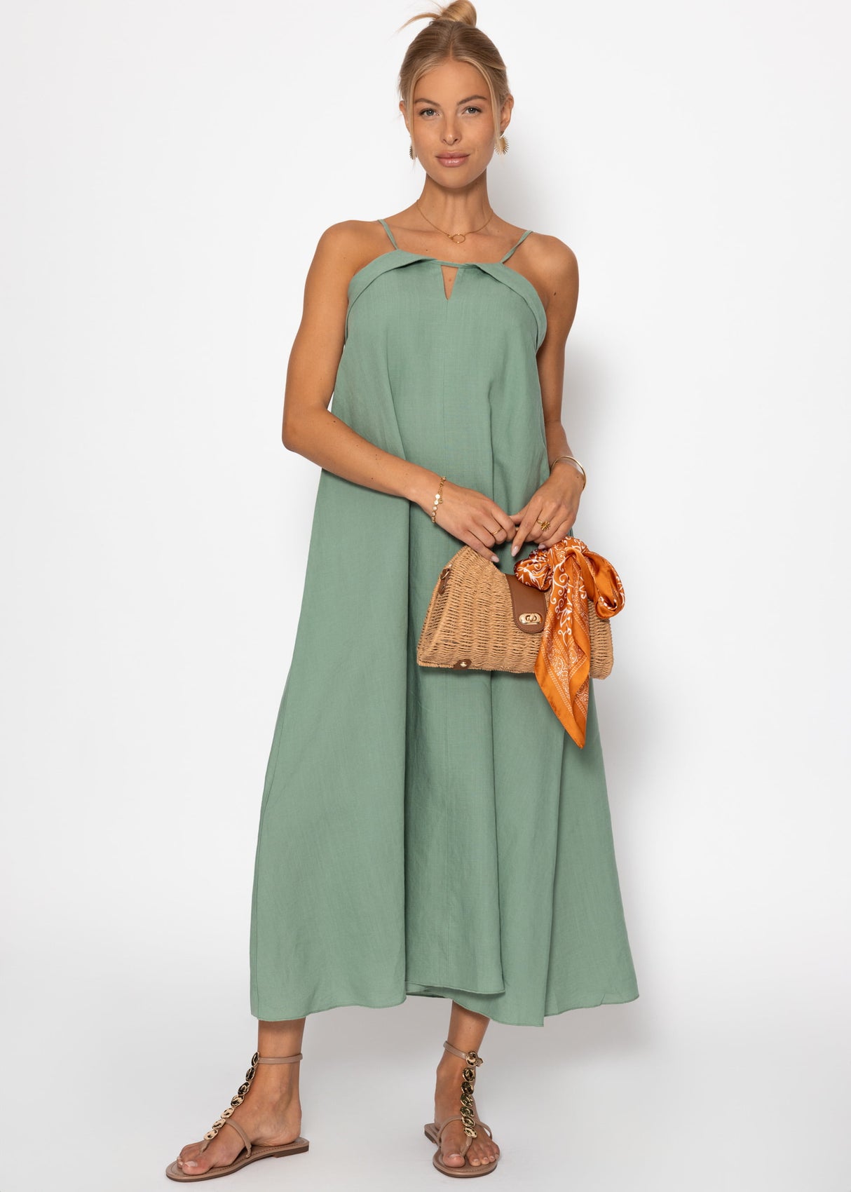 Leinen Kleid mit Spaghetti-Trägern - salbeigrün