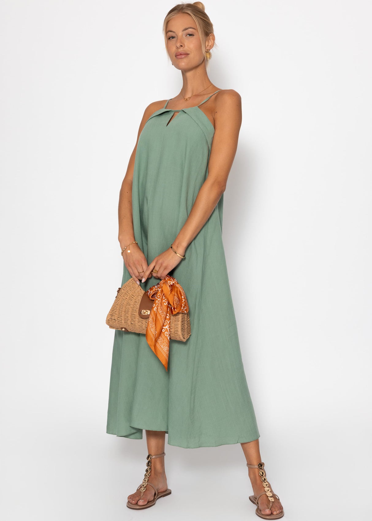 Leinen Kleid mit Spaghetti-Trägern - salbeigrün