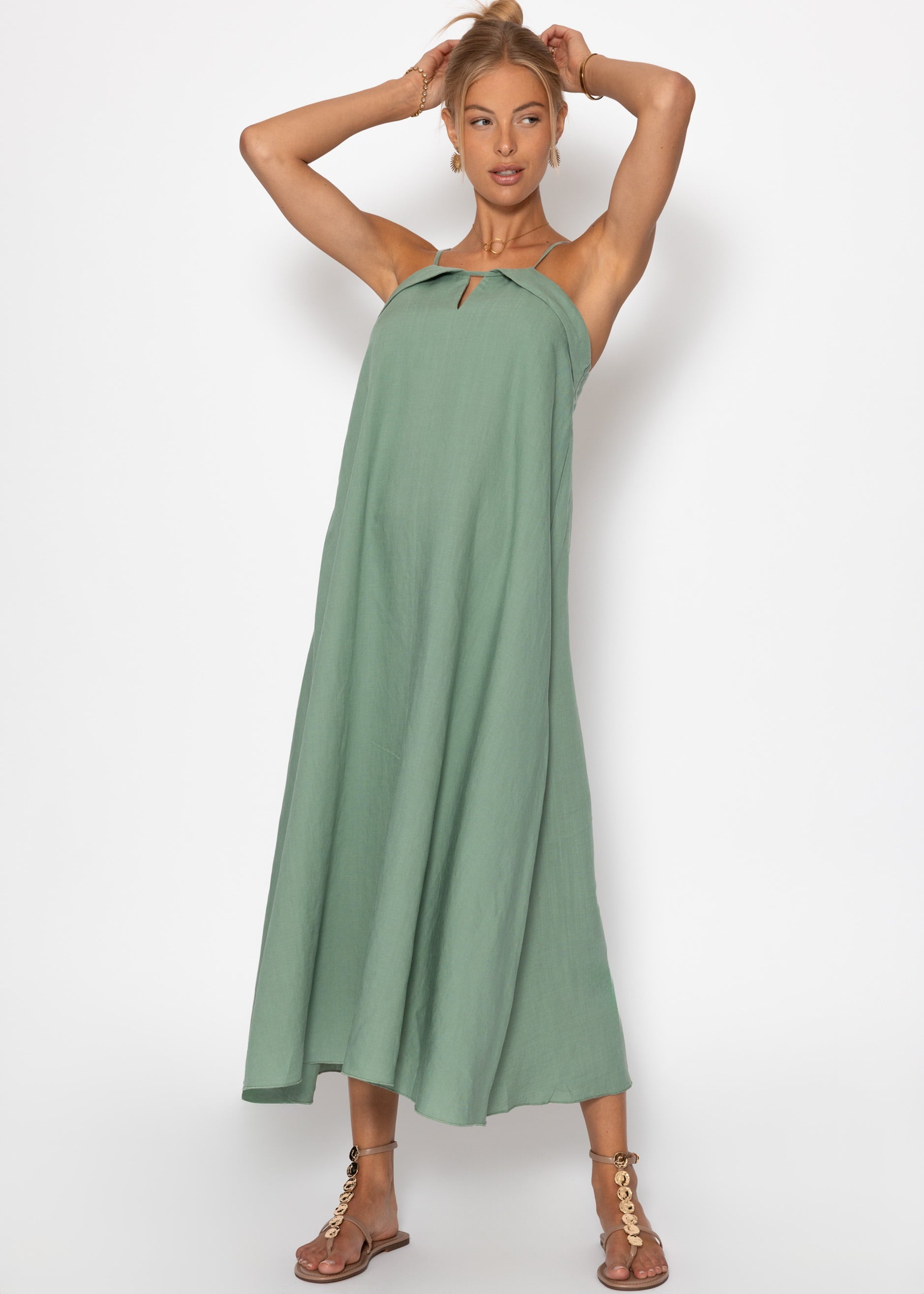sage green linen dress Sage Green Linen Tunic Dress: Empire Waist Kaftan With Pockets