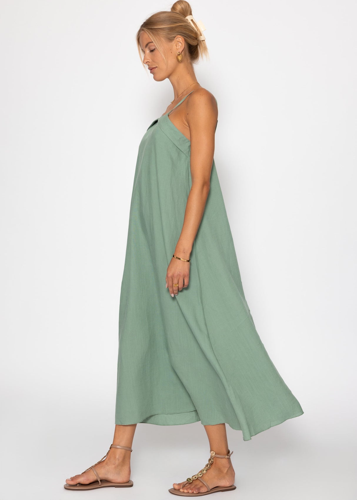 Leinen Kleid mit Spaghetti-Trägern - salbeigrün