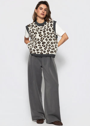 Leopard print knit sleeveless jumper - grey