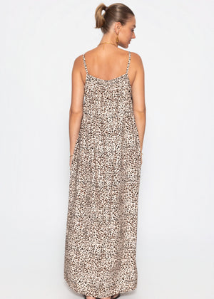 Lockeres Trägerkleid mit Leo-Print - beige