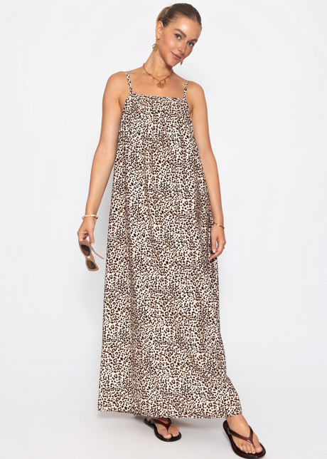 Lockeres Trägerkleid mit Leo-Print - beige von SASSYCLASSY