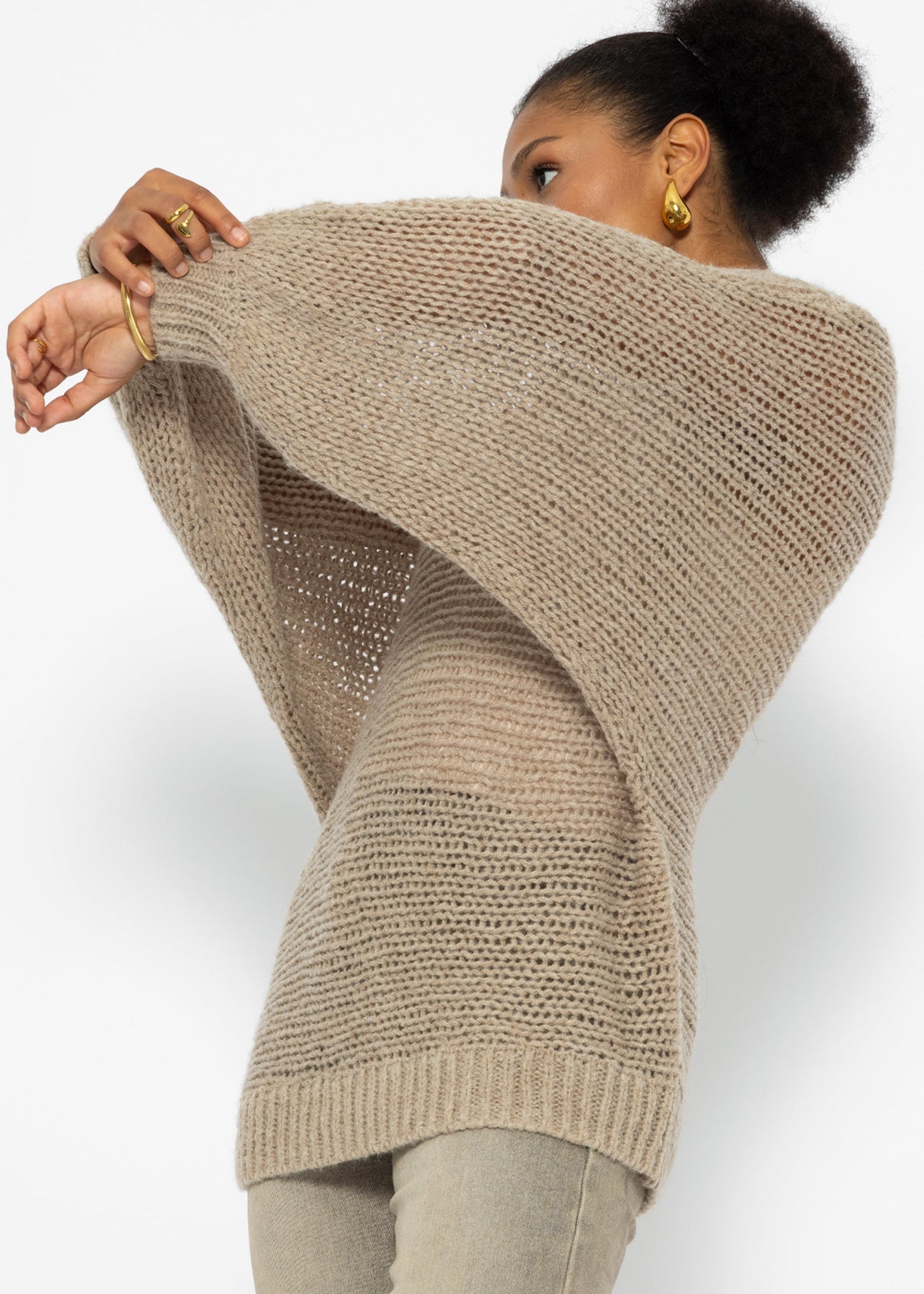 Loose-knit sweater with batwing sleeves - beige