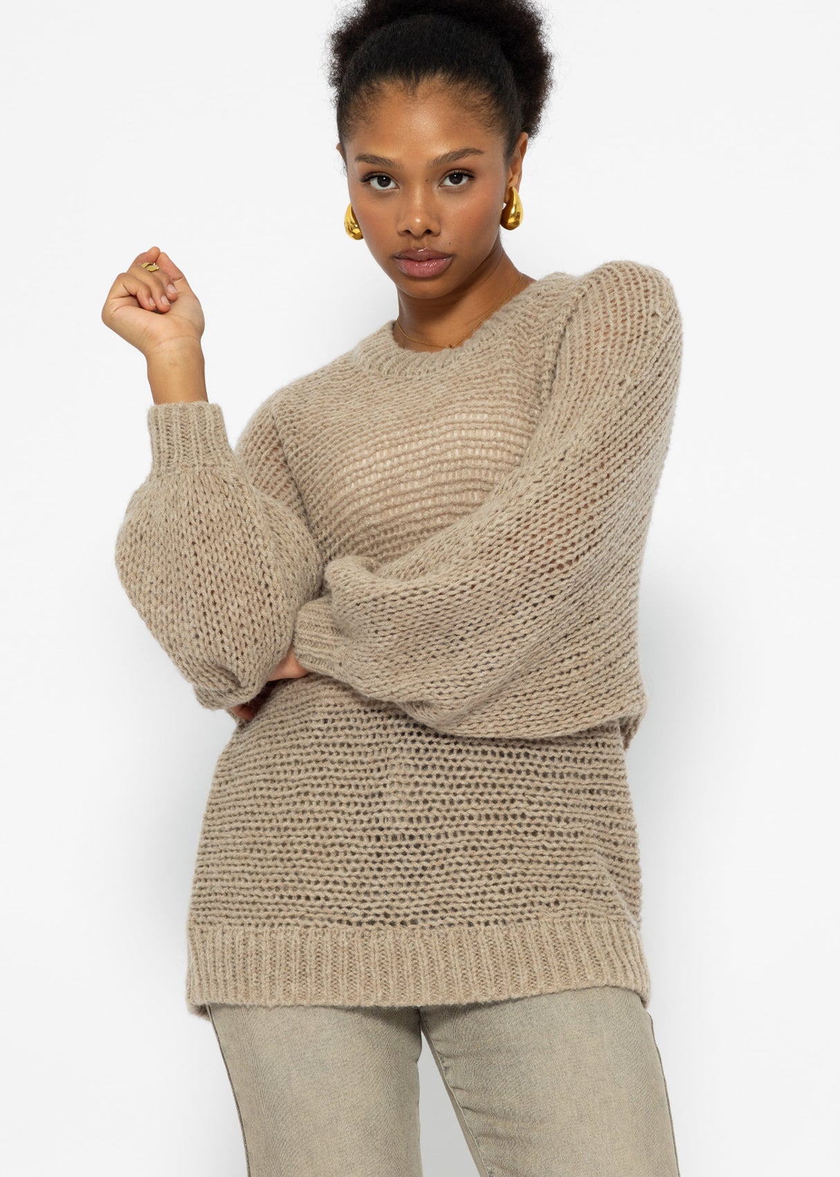Loose-knit sweater with batwing sleeves - beige
