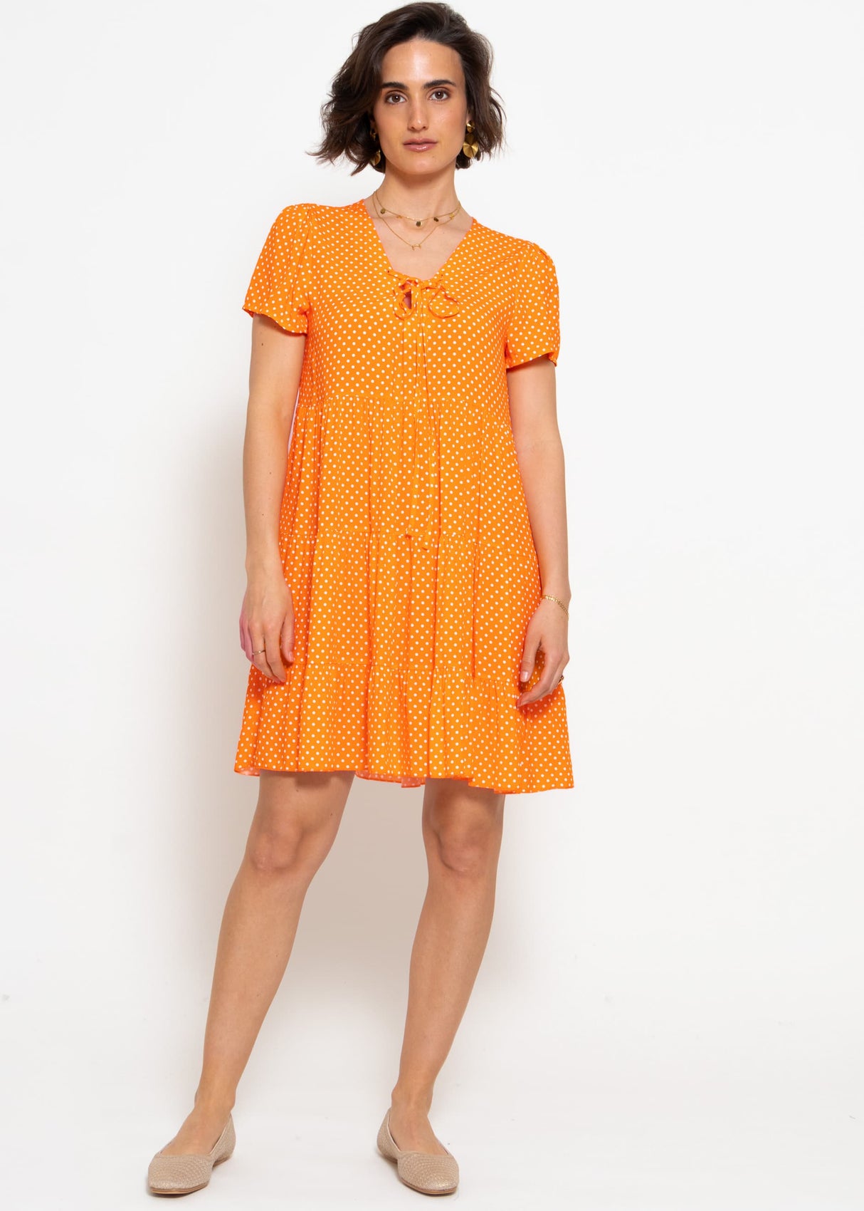 Airy dress with polka dot print - orange
