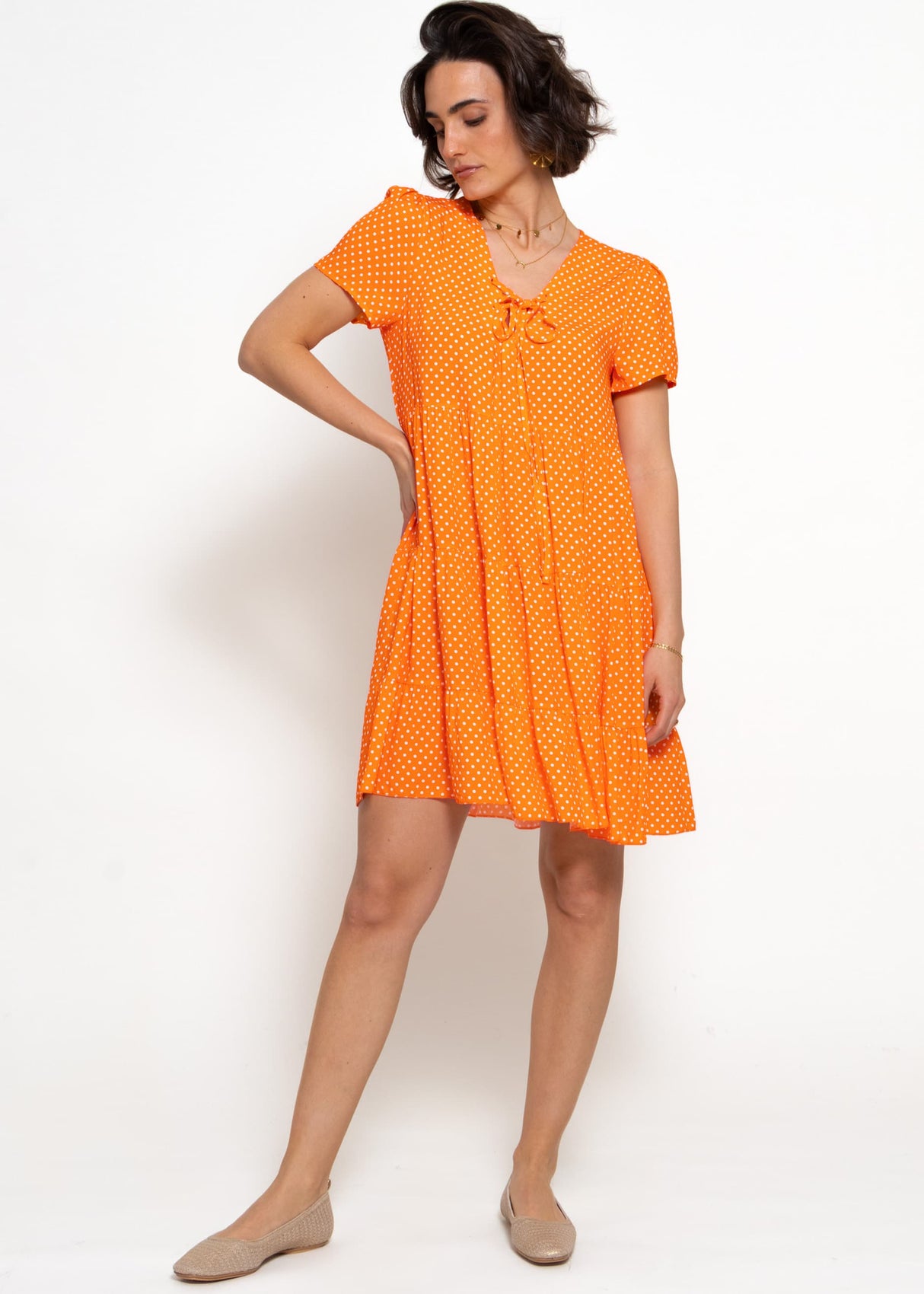 Airy dress with polka dot print - orange