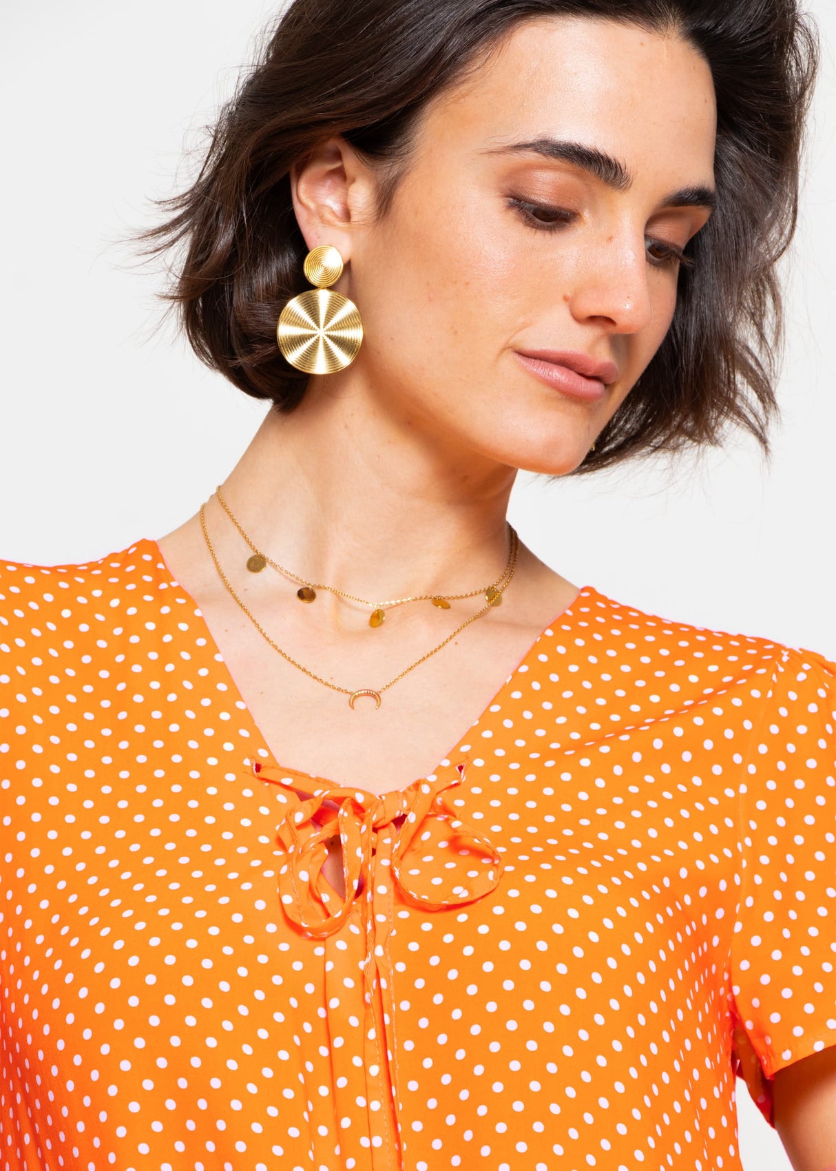 Airy dress with polka dot print - orange