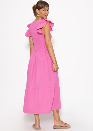 Maxi Musselin dress with ruffles and winged sleeves - pink