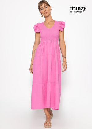 Maxi Musselin dress with ruffles and winged sleeves - pink